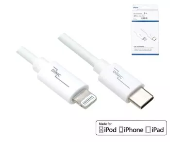 Кабел USB C към Lightning, MFi, кутия, бял, 2 м, сертифициран от MFi, кабел за синхронизация и бързо зареждане